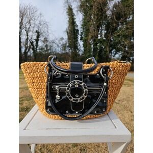 Kathy Van Zeeland Elegant Blackand Tan Woven Straw Tote Bag